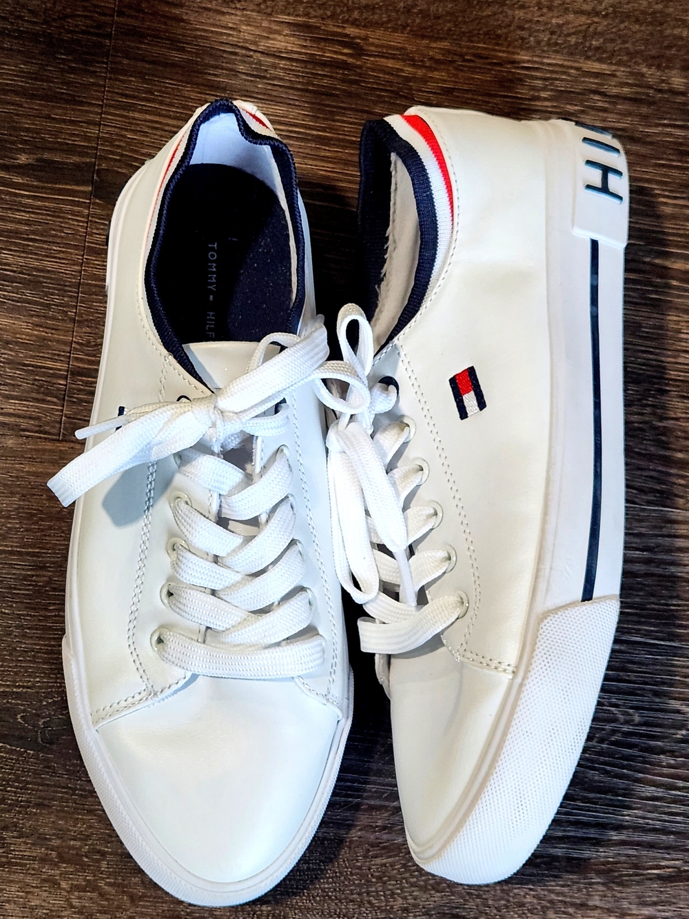 Women's Tommy Hilfiger White Leather Low-Top Sneakers with Navy & Red Accents